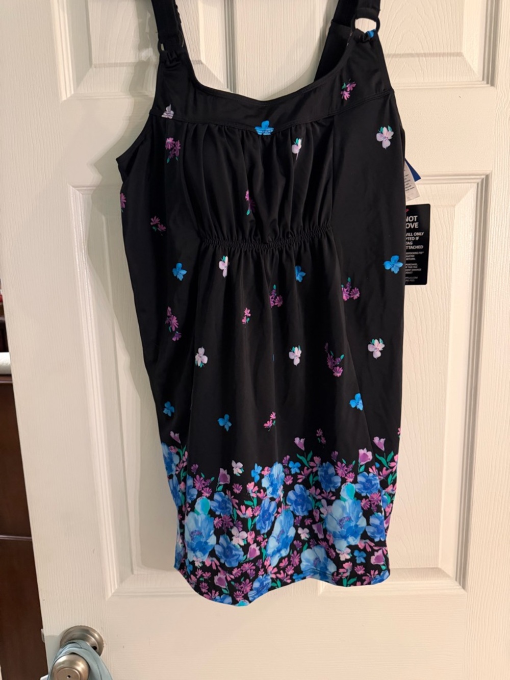 Black Floral Swimdress with Blue & Purple Accents